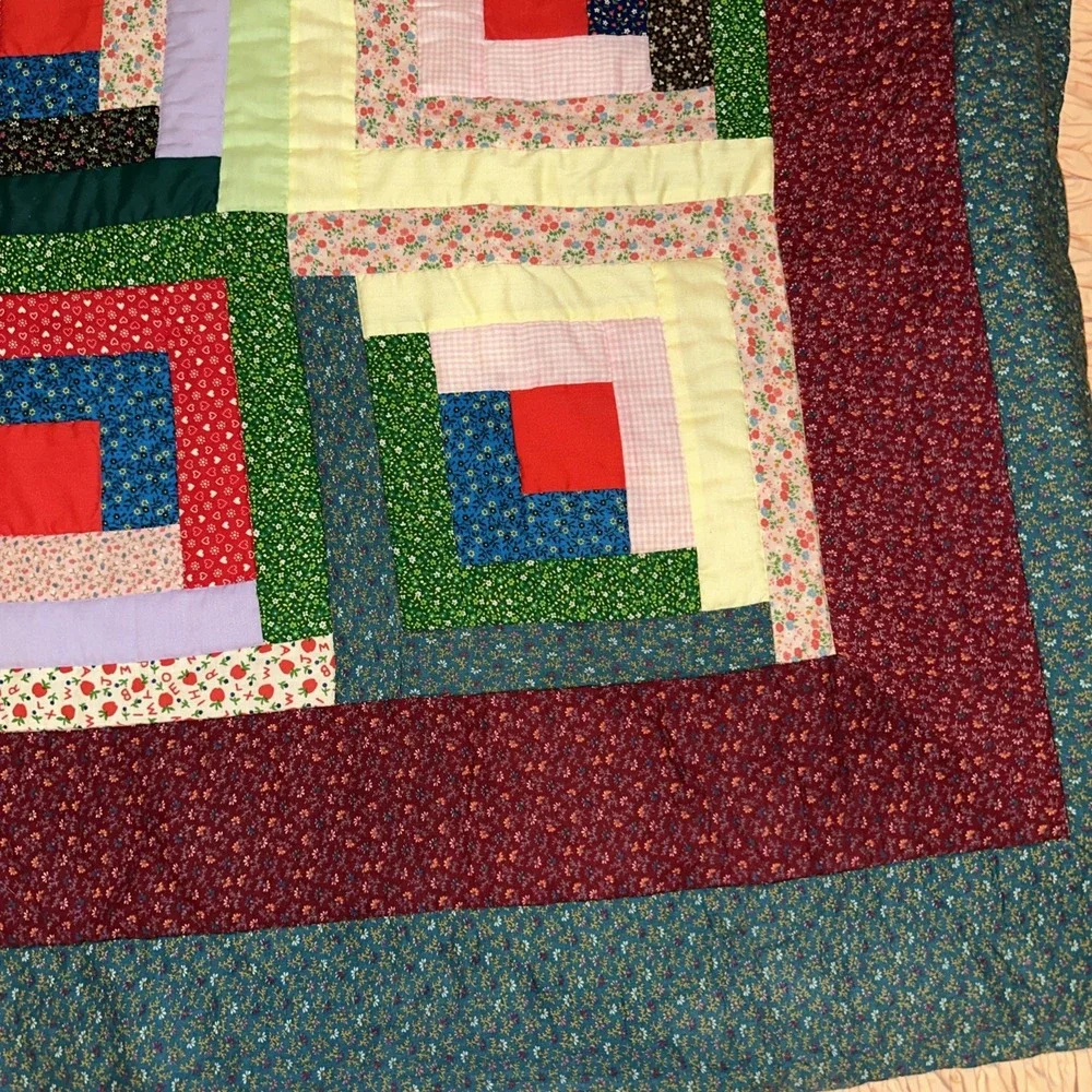 Handmade Log Cabin Quilt Patchwork‎ Colorful Multi  color 85x65